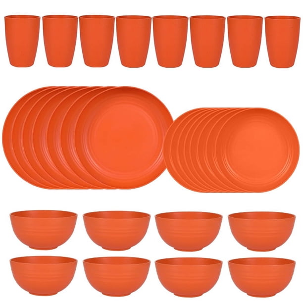 XmhyTop Juego de vajilla de paja de trigo de 32 piezas, juego de platos y cuencos, juego de platos para acampar para 8,juego de vajilla apto para lavavajillas, naranja