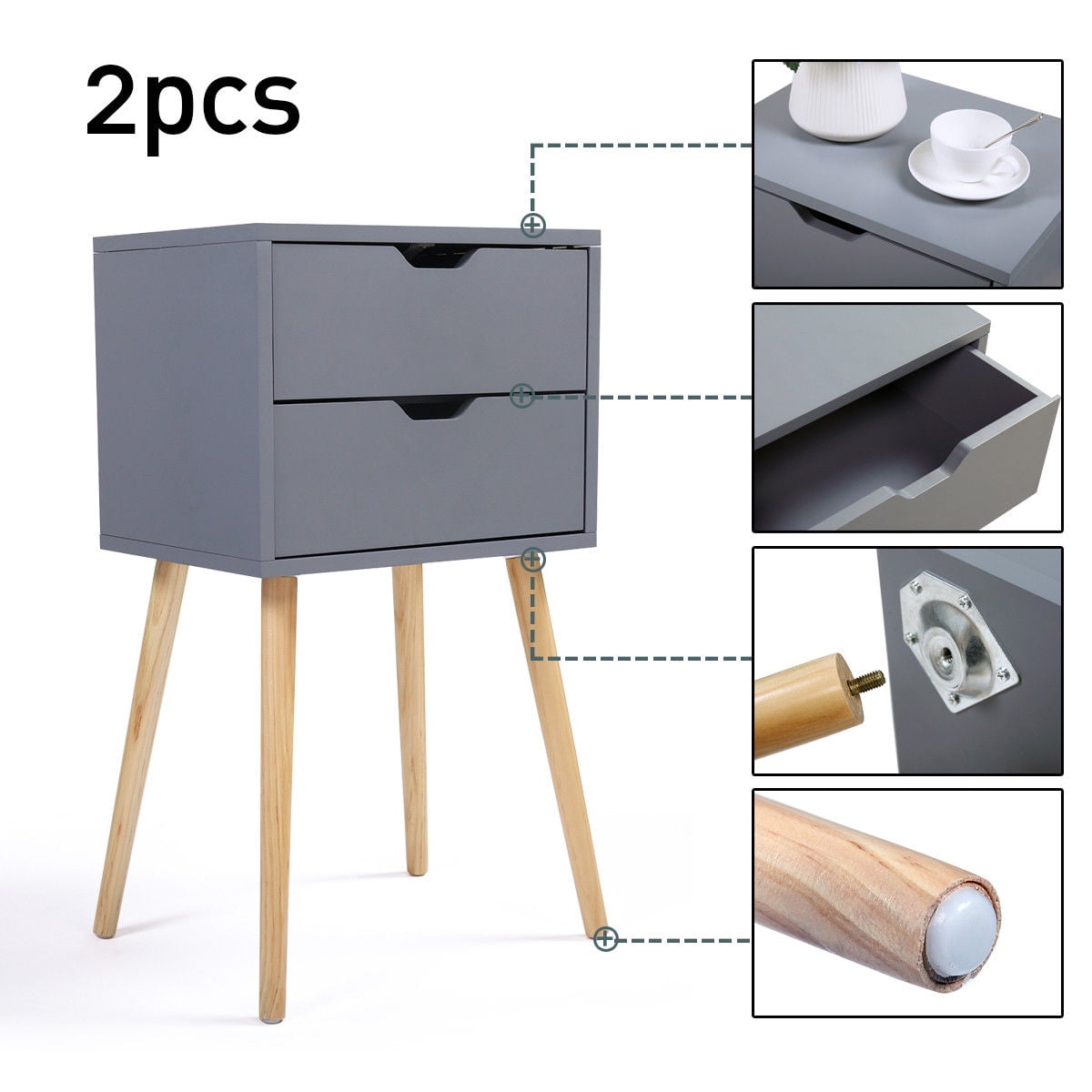 Kepooman Side Table Set of 2, Modern Design Night Stand with 2 Storage Drawer & Wood Legs - Gray Kepooman Side Table Set of 2, Modern Design Night Stand with 2 Storage Drawer & Wood Legs - Gray