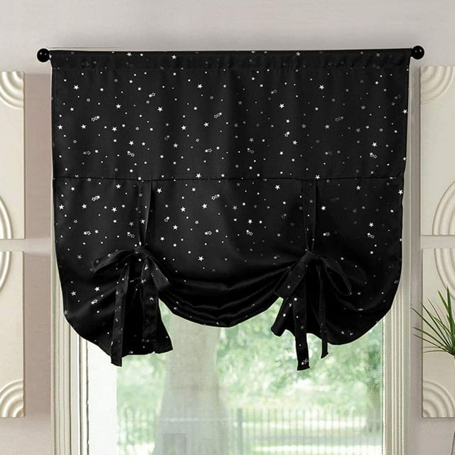 Nvzi Blackout Tie Up Shade Window Curtains Star Pattern Darkening Thermal Insulated Window Curtain Adjustable Balloon Curtain for Small Window Rod Pocket (46"x63",Black)