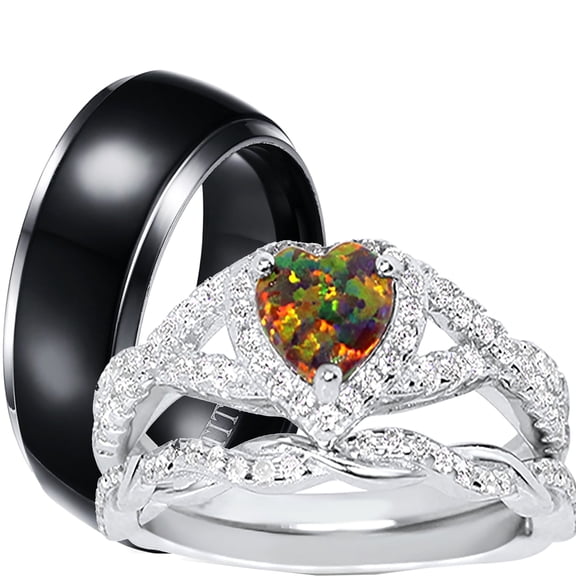 LaRaso & Co Unique His Her Wedding Ring Set Fire Opal Heart Silver Black Titanium Modern Rings