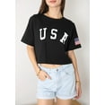 thumbnail image 3 of Women's Letter Print USA American Flag Crop Top Summer Short Sleeve Graphic T-Shirt, Black, Medium, 3 of 7