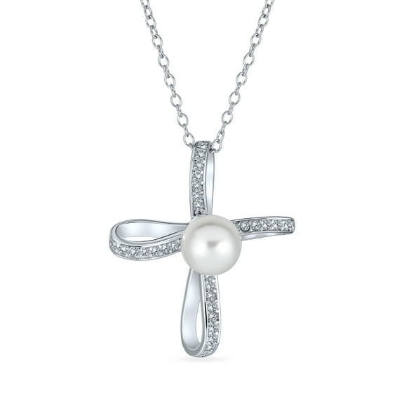 Bling Jewelry Womens Bridal Necklace Sterling Silver Infinity Cross Simulated White Pearl Pendant