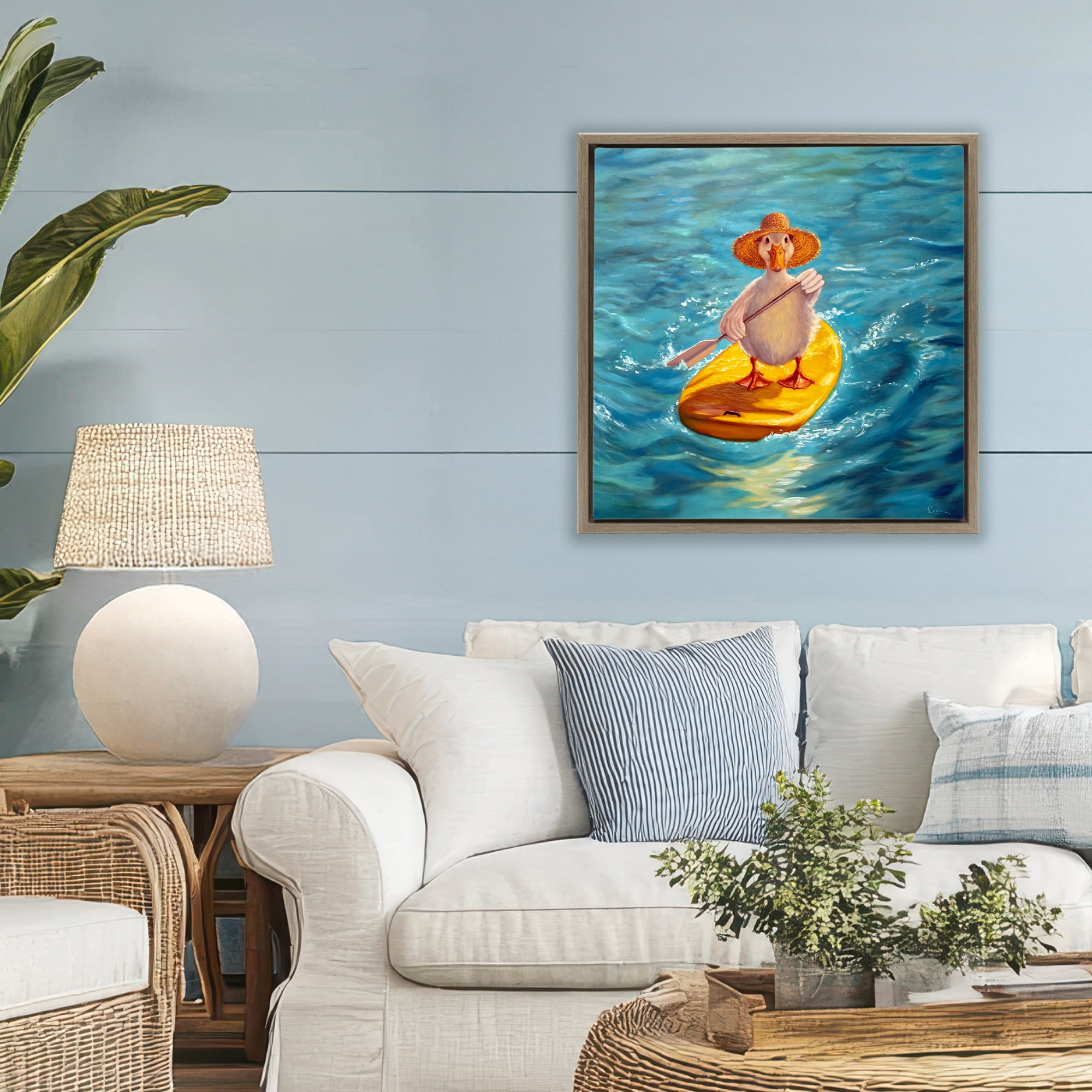 Stupell Industries The Paddler Duck with Straw Hat Brown Framed Floater Canvas Wall Art, design by Lucia Heffernan