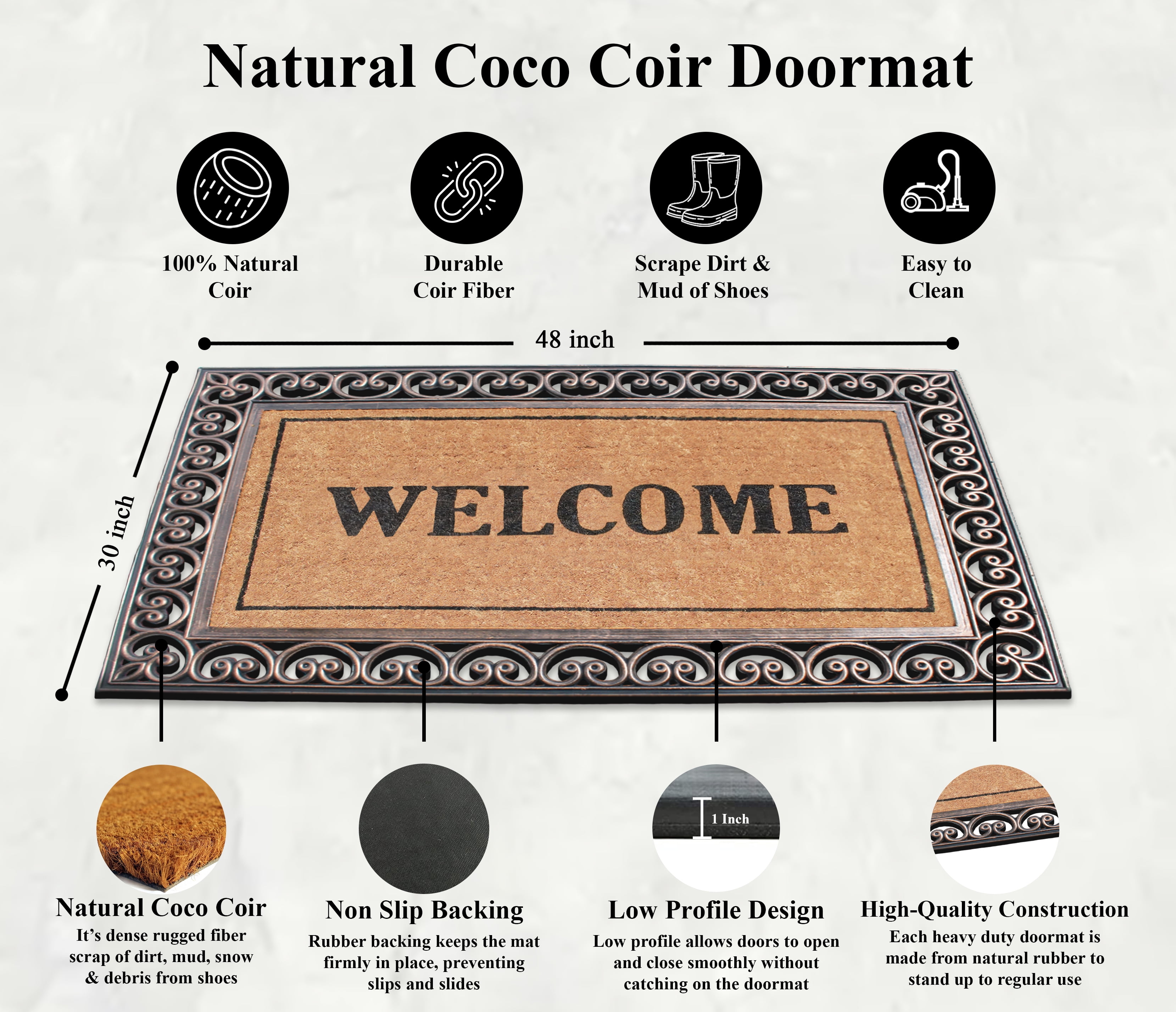 A1HC Welcome Rubber And Coir Classic Paisley Border Extra Large Double Doormat, 30"X48"