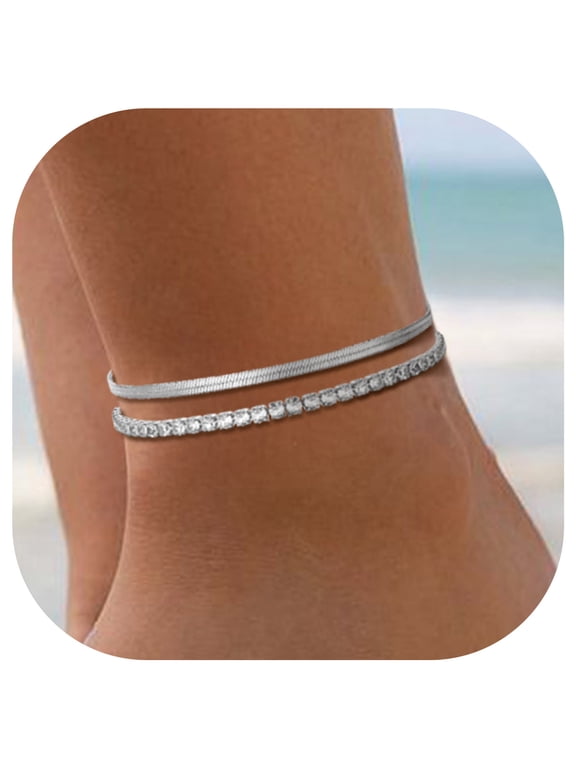 Stainless Steel Ankle Bracelets for Women, Waterproof Layered Herringbone Chain Sparkling Tennis Anklets Set Summer Beach Birthday Jewelry Gifts for Her/Mom/Wife, 2pcs