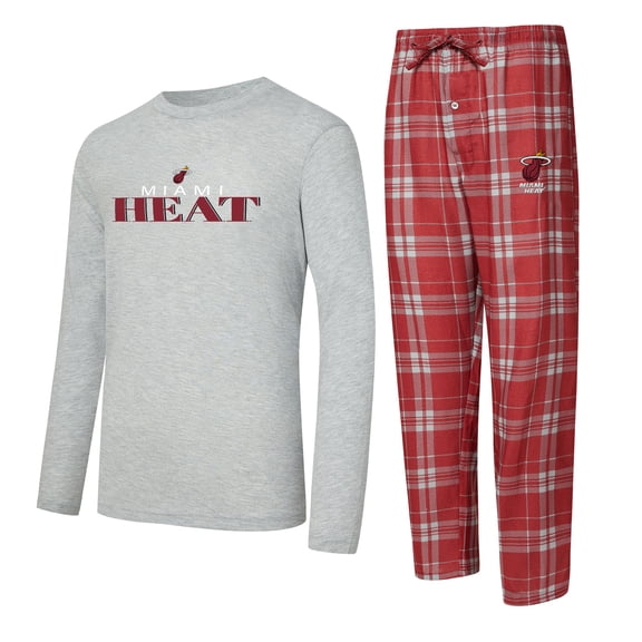 Men's Concepts Sport Wine/Heather Gray Miami Heat Regulate Long Sleeve T-Shirt & Plaid Pant Set