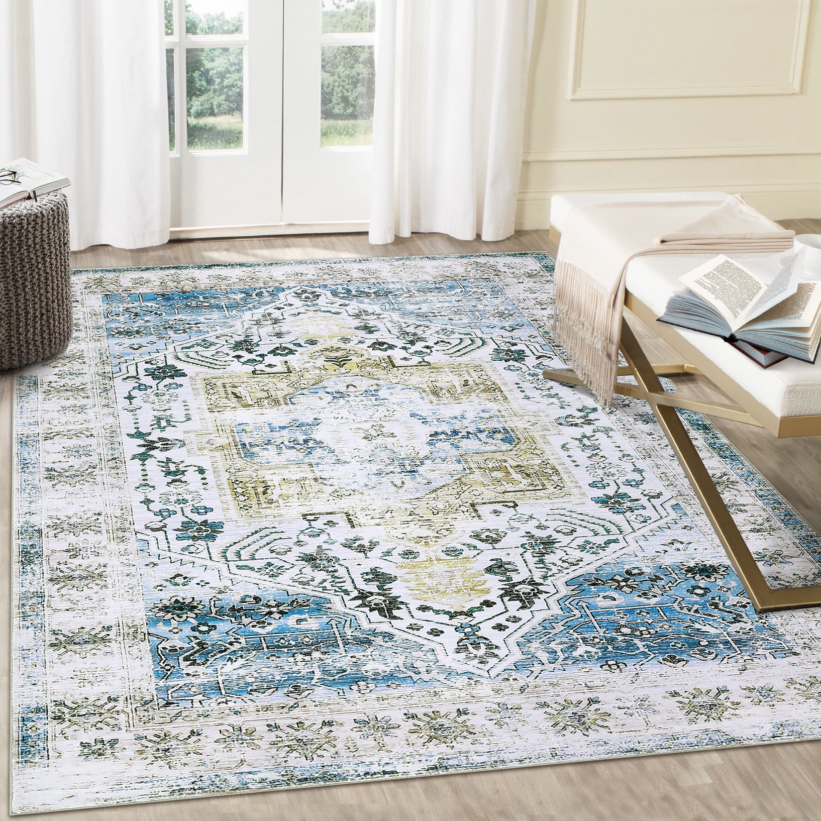 Hasoo Large 9' x 12' Vintage Area Rug for Living Room Bedroom Washable Floral Carpet, Blue