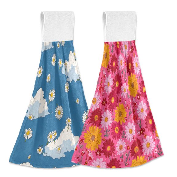 Different Design 2pcs Loop Hanging Bathroom Kitchen Hand Towel Daisies and Clouds Colorful Daisies