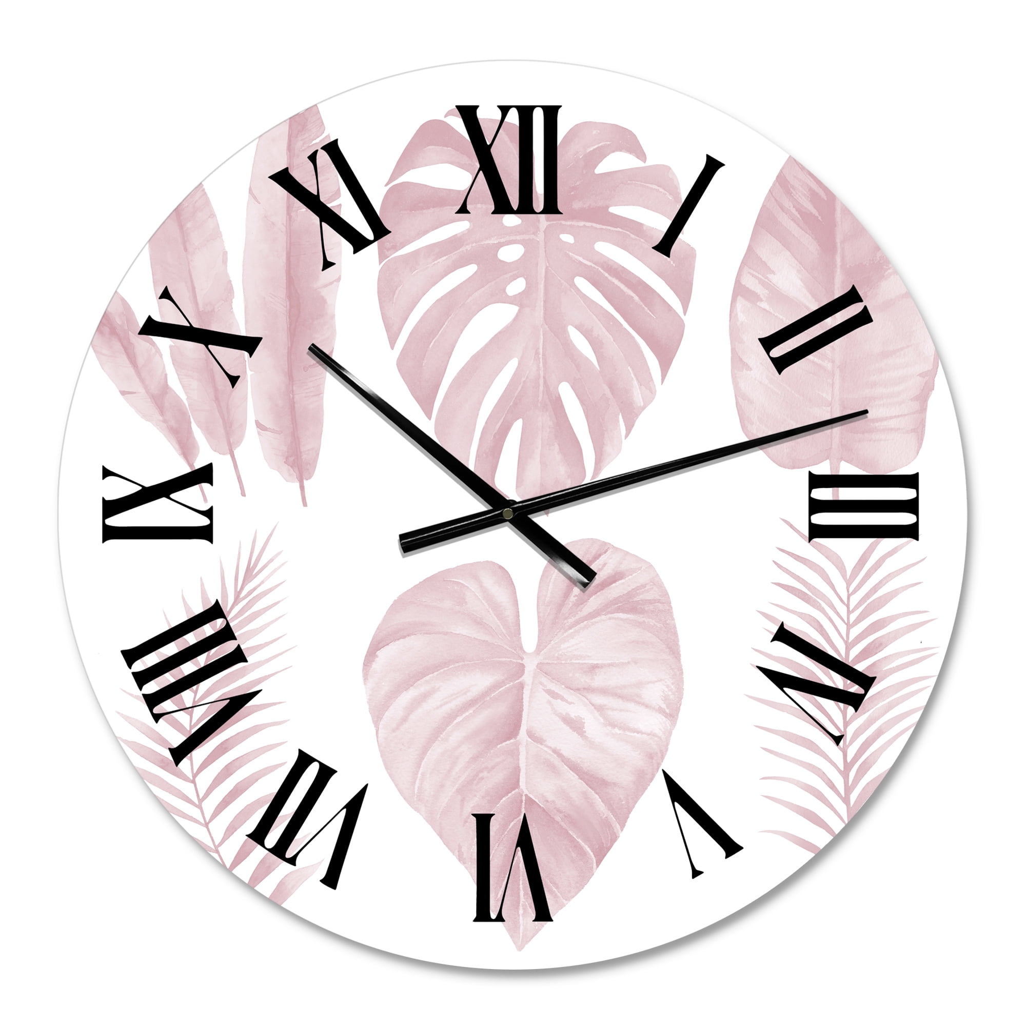 Designart 'Tropical Pink Watercolour Leaves I' Shabby Chic Wall Clock
