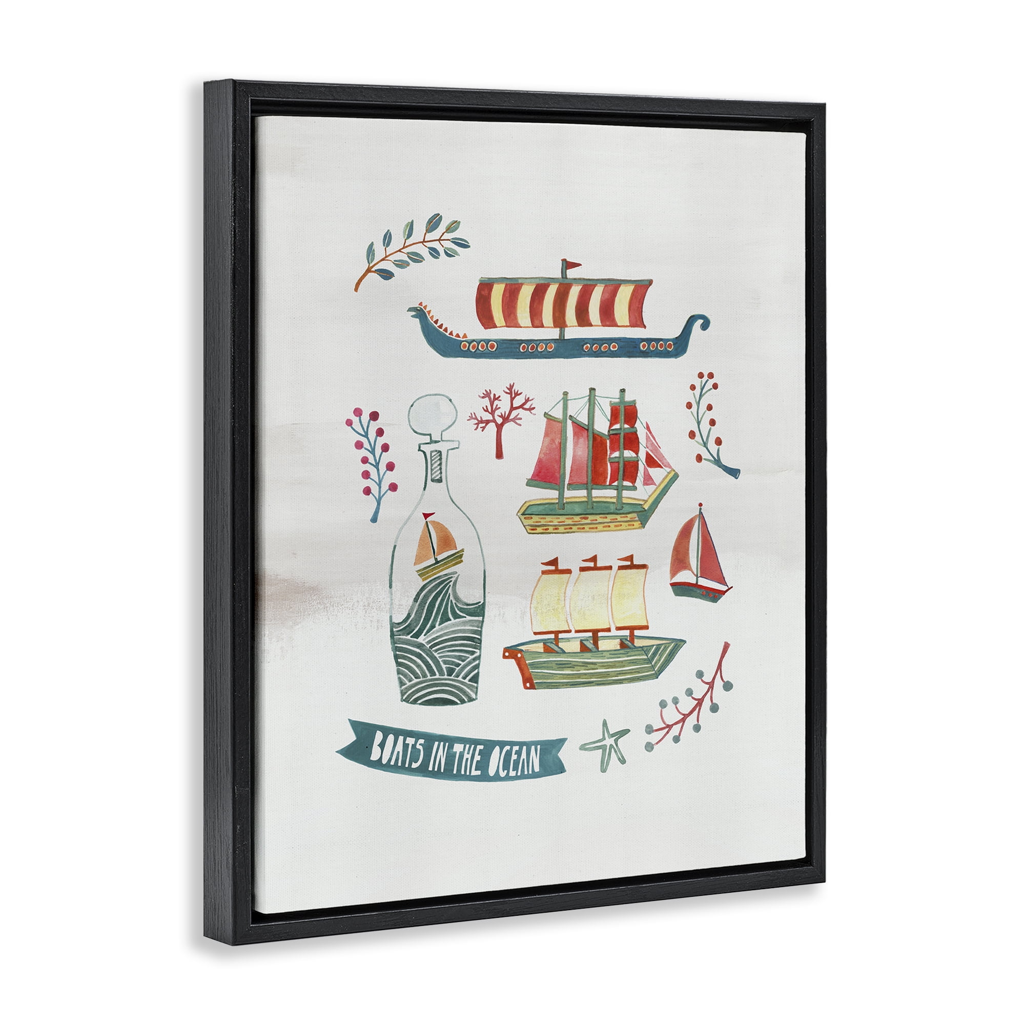 Stupell Industries Nautical Boats & Botanicals Nautical & Beach Painting Black Floater Framed Canvas Art Print Wall Art, 17 x 21
