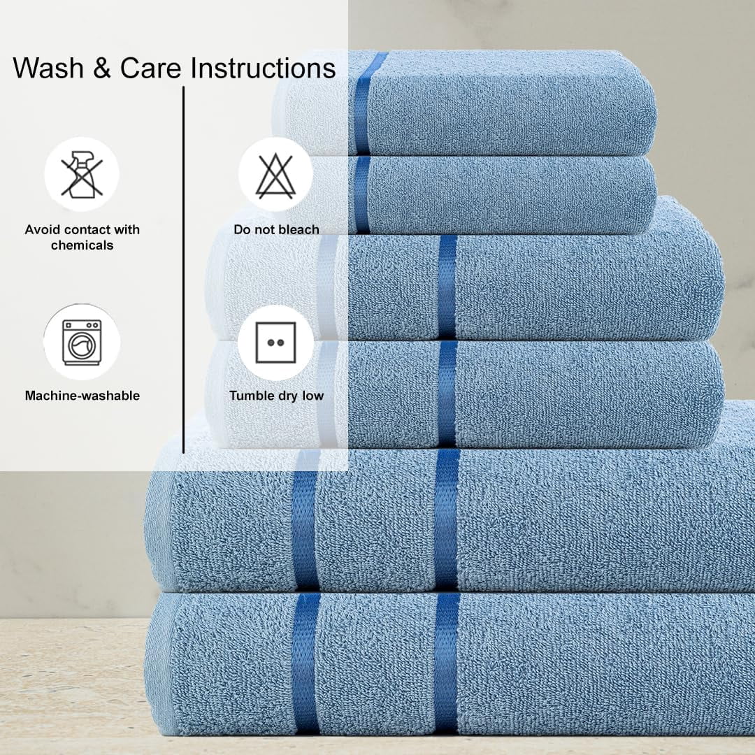 CASA COPENHAGEN Eternal 6 Pieces Towel Set- Dusty Blue, 500 GSM 2 Bath Towel 2 Hand Towel 2 Washcloth, Designed in Denmark Made of Soft Egyptian Cotton for Bathroom, Kitchen & Shower