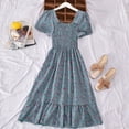 thumbnail image 2 of GENEMA Women Puff Short Sleeve Square Neck Midi Long Swing Dress Boho Vintage Floral Print Smocked A-Line Ruffle Hem Sundress, 2 of 14