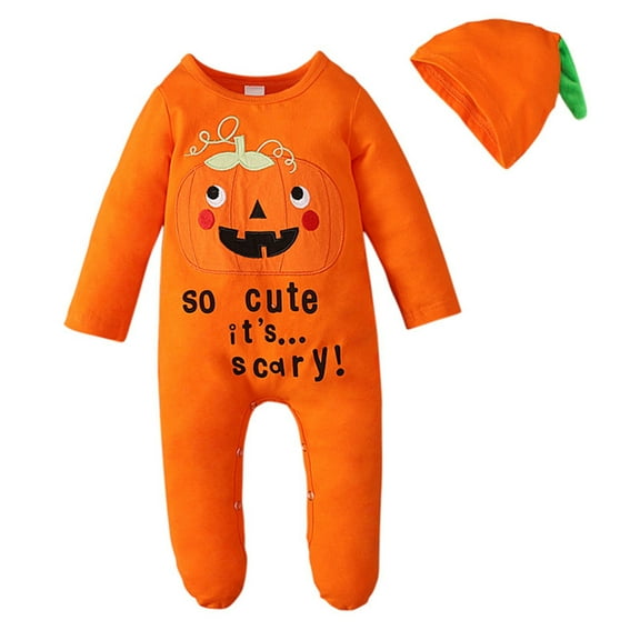 Weebloom Halloween Girls Rompers Boys Pumpkin Footed Jumpsuit Hat 2Pcs Set Outwear,0-3 Months