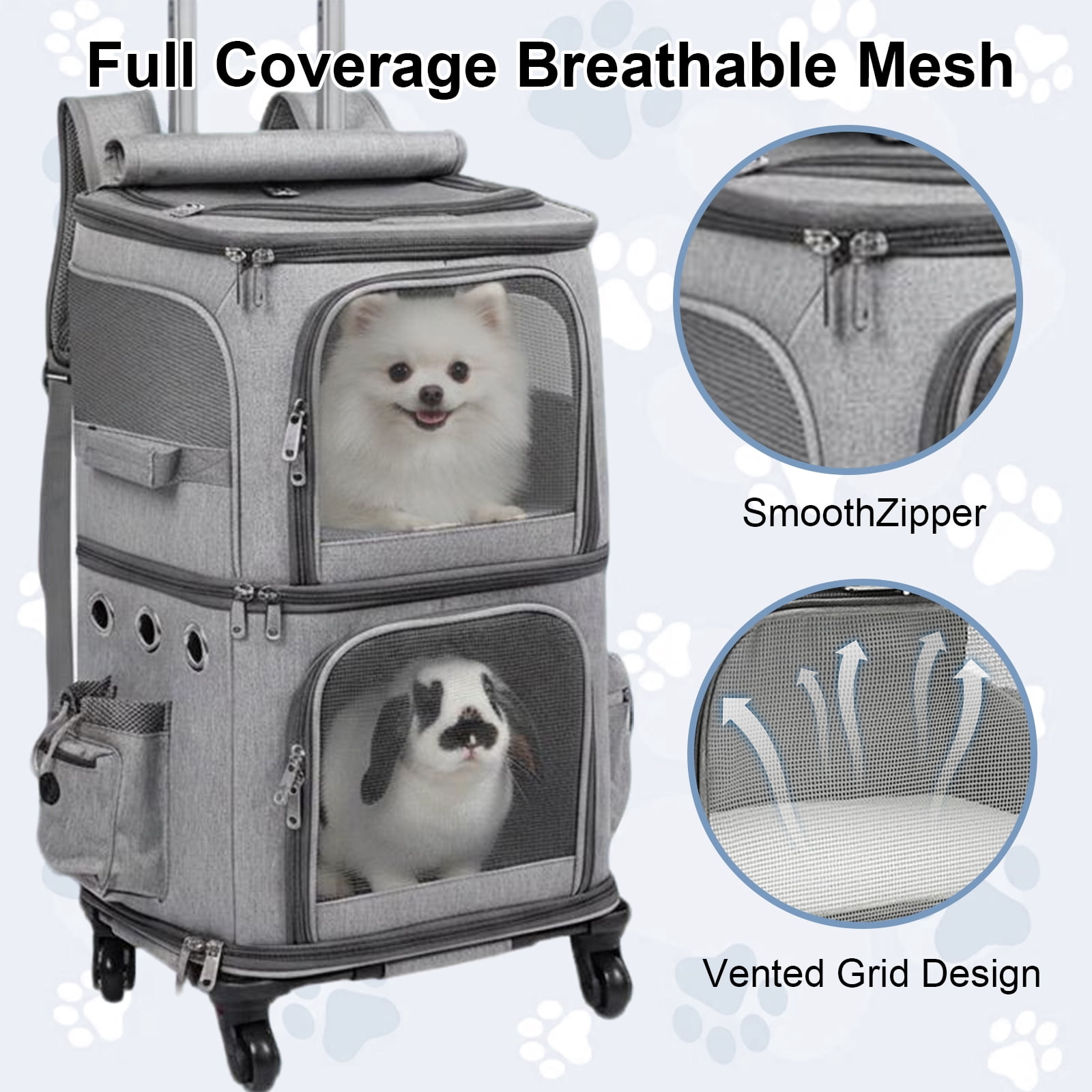 MINGYI Double-Compartment Pet Carrier with Wheels,Dog Backpack Carrier for 2 Small Dogs and Cats,Cat Rolling Carrier for Traveling/Taking a Walk/Trips to The Vet(Grey)