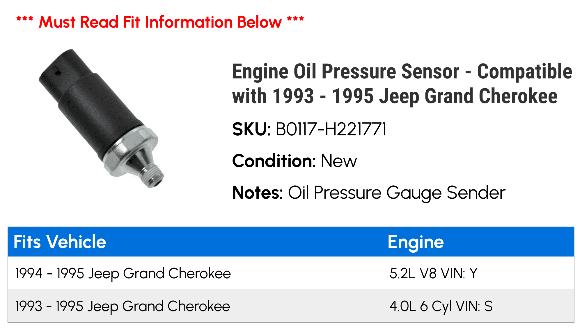 Engine Oil Pressure Sensor - Compatible with 1993 - 1995 Jeep Grand Cherokee 1994