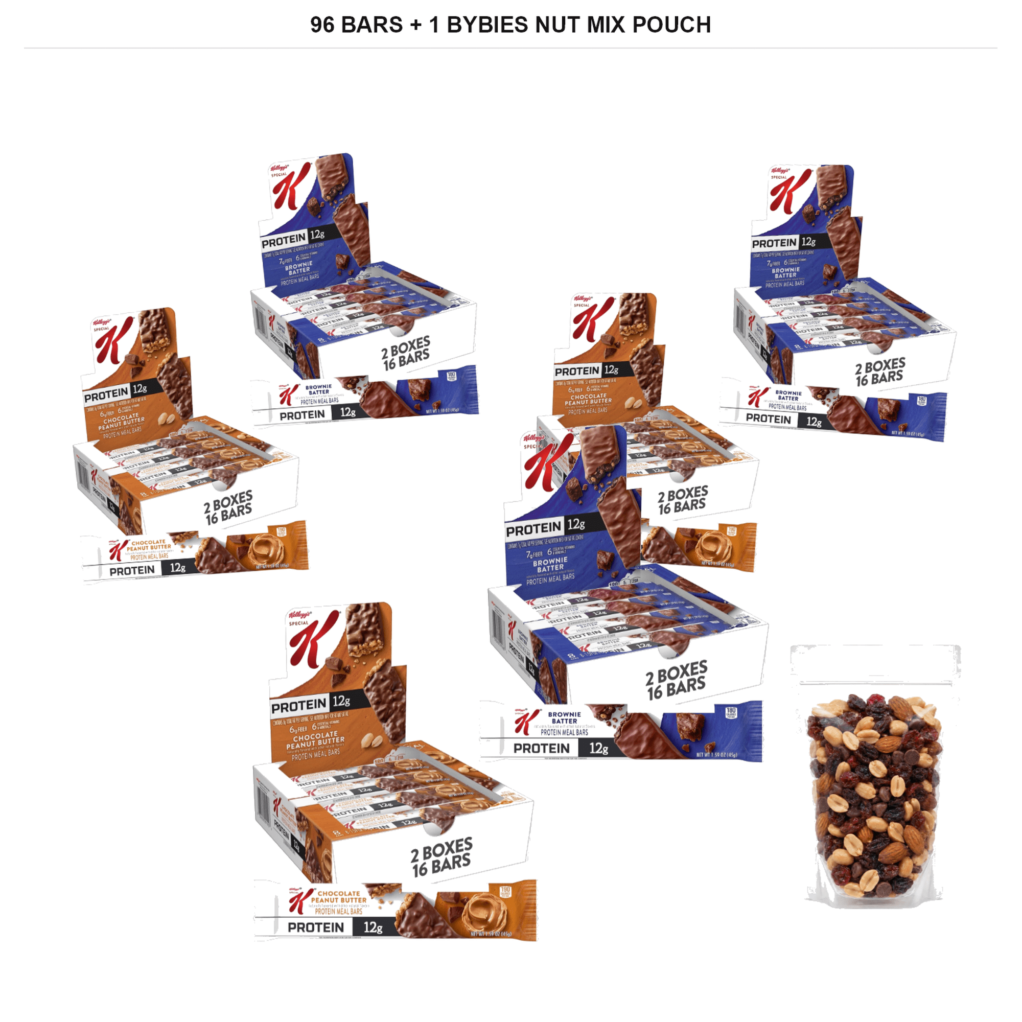 Special K Double Chocolate and Chocolate Peanut Butter Protein Meal Bars, 12 Boxes x 8 Bars, 96 Bars Total + 1x Bybies Nut Mix Pouch, 2 oz