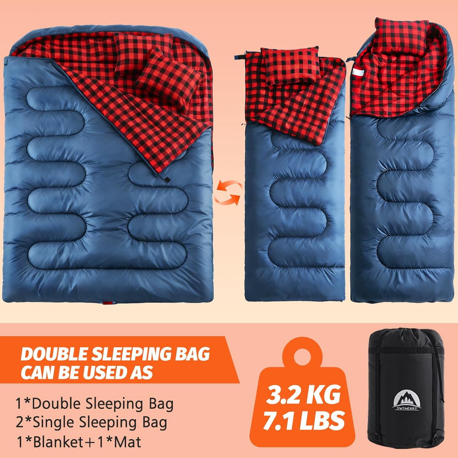 Double Sleeping Bag for Adults with 2 Pillows, Big & Tall Queen Size XL Sleeping Bag for 2 Person, Waterproof & Lightweight Warm for 3 Seasons, Cold Weather,Camping, Hiking & Backpacking