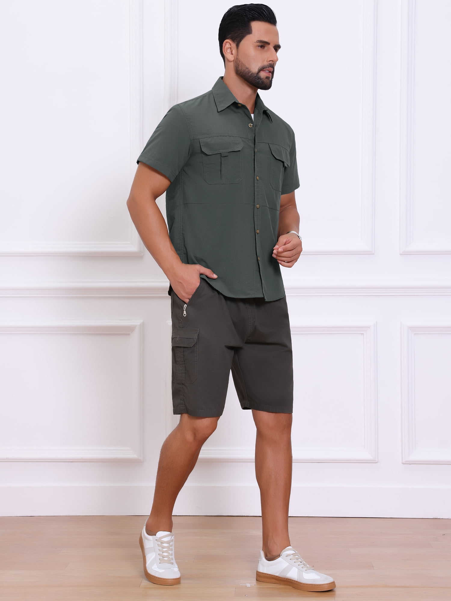 DARING DIVA Men's Solid Cargo Short Sleeve Button Down Utility Shirts M Gray