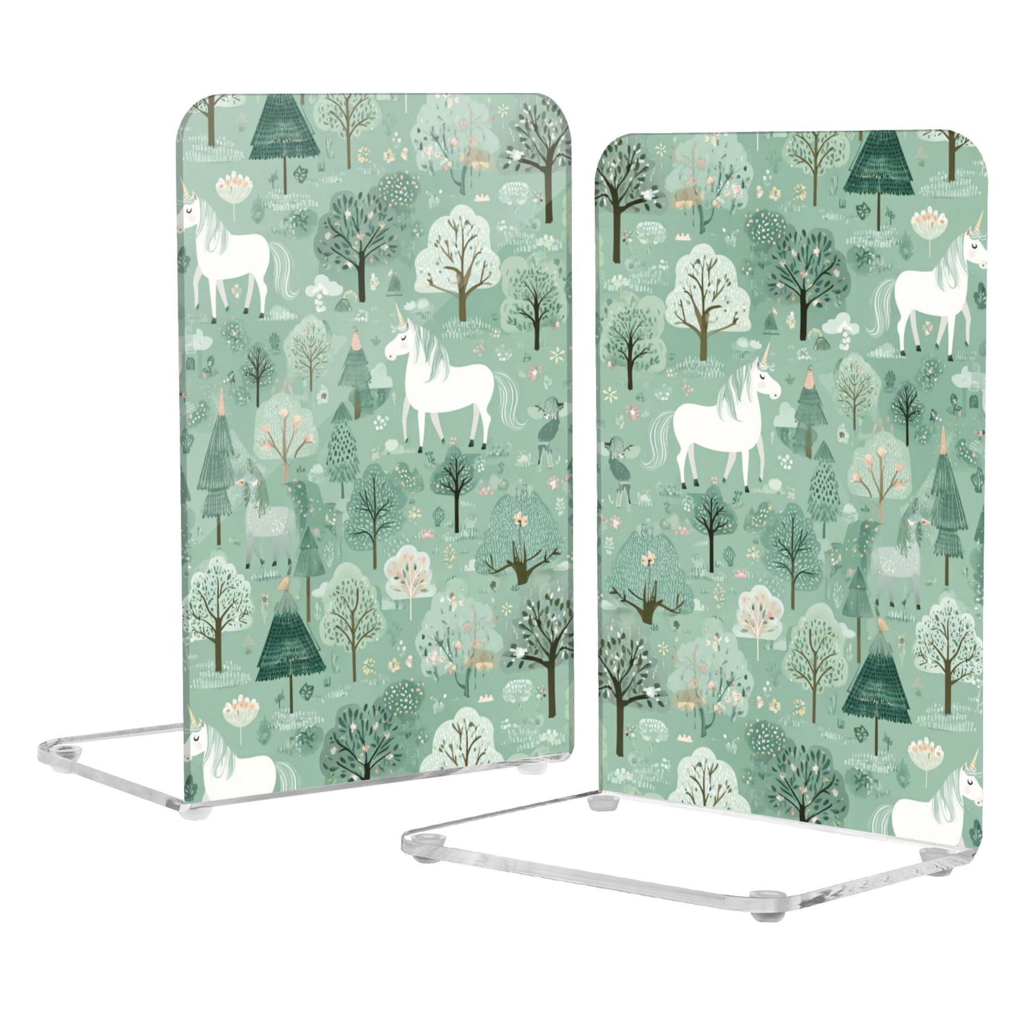 Acrylic Bookends 2 Pairs Decorative Book Stoppers for Home Office Desk Organizer Mint Green Unicorns and Trees
