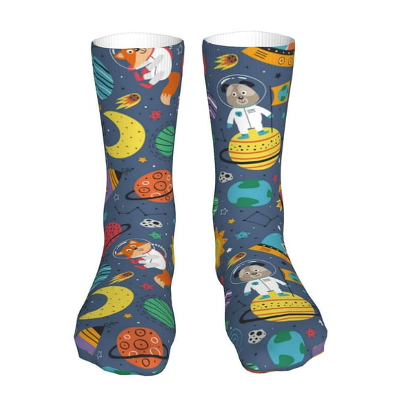 KLL Cartoon Space Print Womens Crew Socks Athletic Middle Tube Long Socks Novelty Socks Gifts For Men