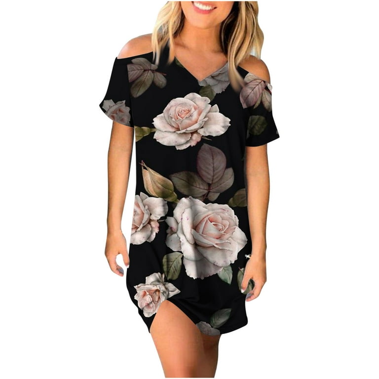 Knit Dress - Black/floral - Ladies