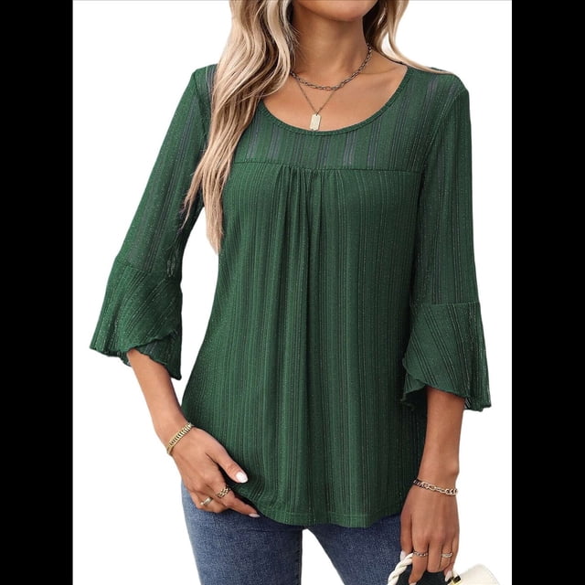 Blusa Elegante con Volantes para Mujer, 3/4, Cuello Redondo, Doble Capa, , Túnica. Verde Oscuro XL