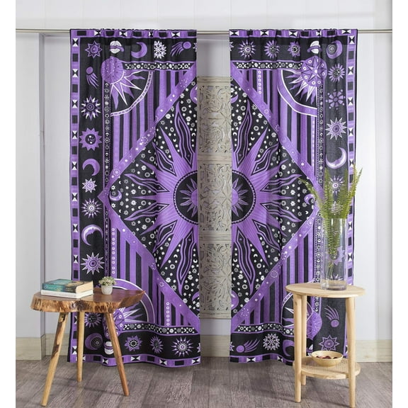 Indian Burning Sun Hippie Mandala Window Curtains - Gypsy Bohemian Sun Moon Beautiful Drapery Bedroom Living Room Balcony Valance Panels Purple