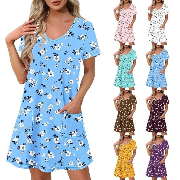 Women Dress Summer Summer Dresses Women Dresses for Women Women's Fashion Summer Print Short-sleeved V-neck Casual Dress Gold XXL