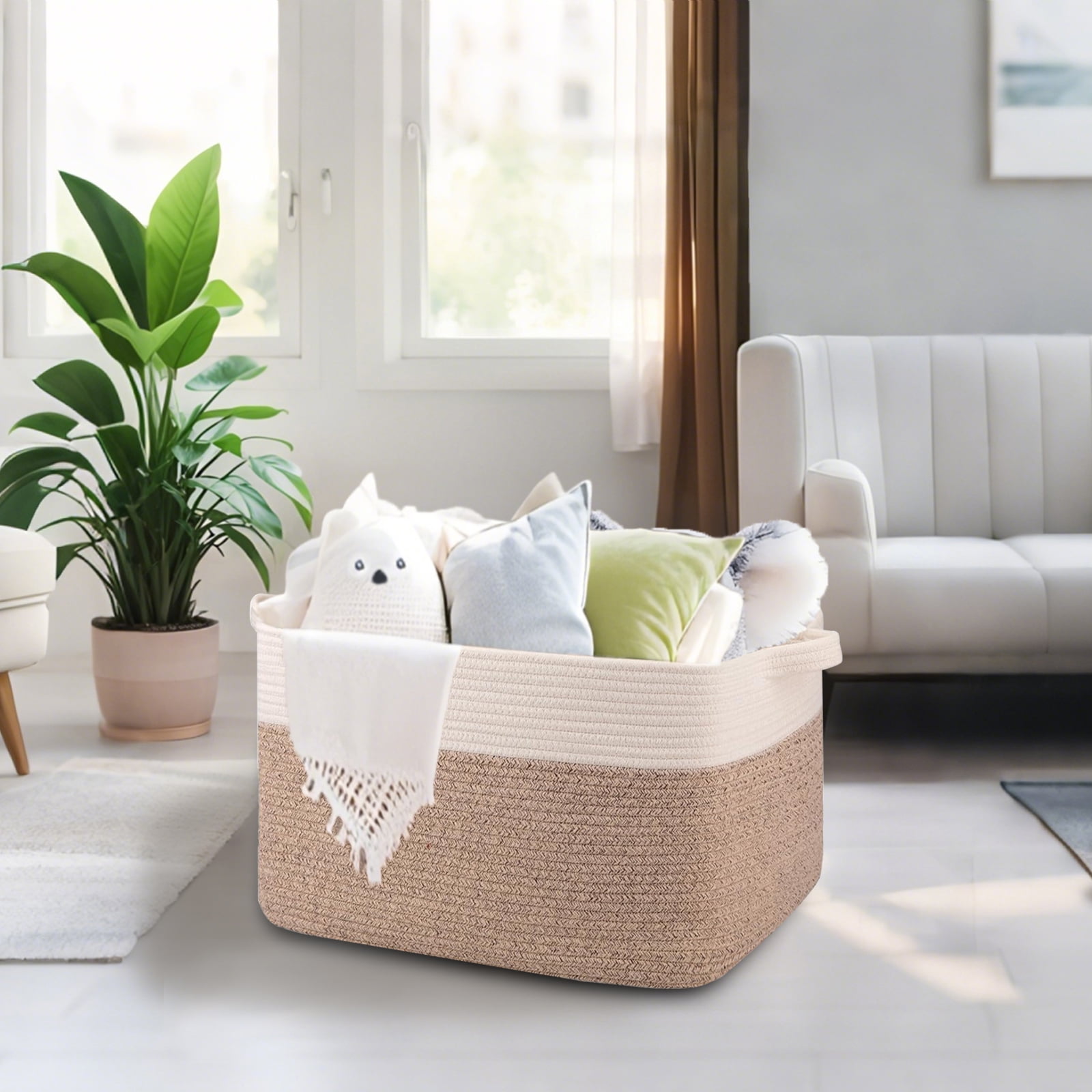 VeluraHome 50L Large Blanket Basket,Rectangle Storage Baskets for Storage,Cotton Rope Woven Storage Basket