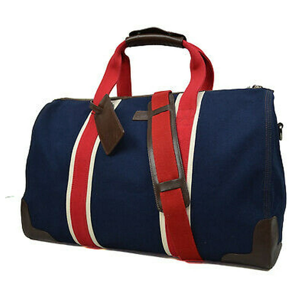 New Brooks Brothers Blue Red White Canvas & Leather Trim Weekend Duffle