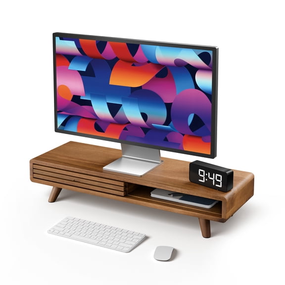 24" Wood Monitor Stand Riser with Sliding Door and Cable Management | Acacia Wood, Ergonomic Design, Fits Most 24"-32" Monitors, Non-slip, Hidden Multi-purpose Storage, All Hardware Included