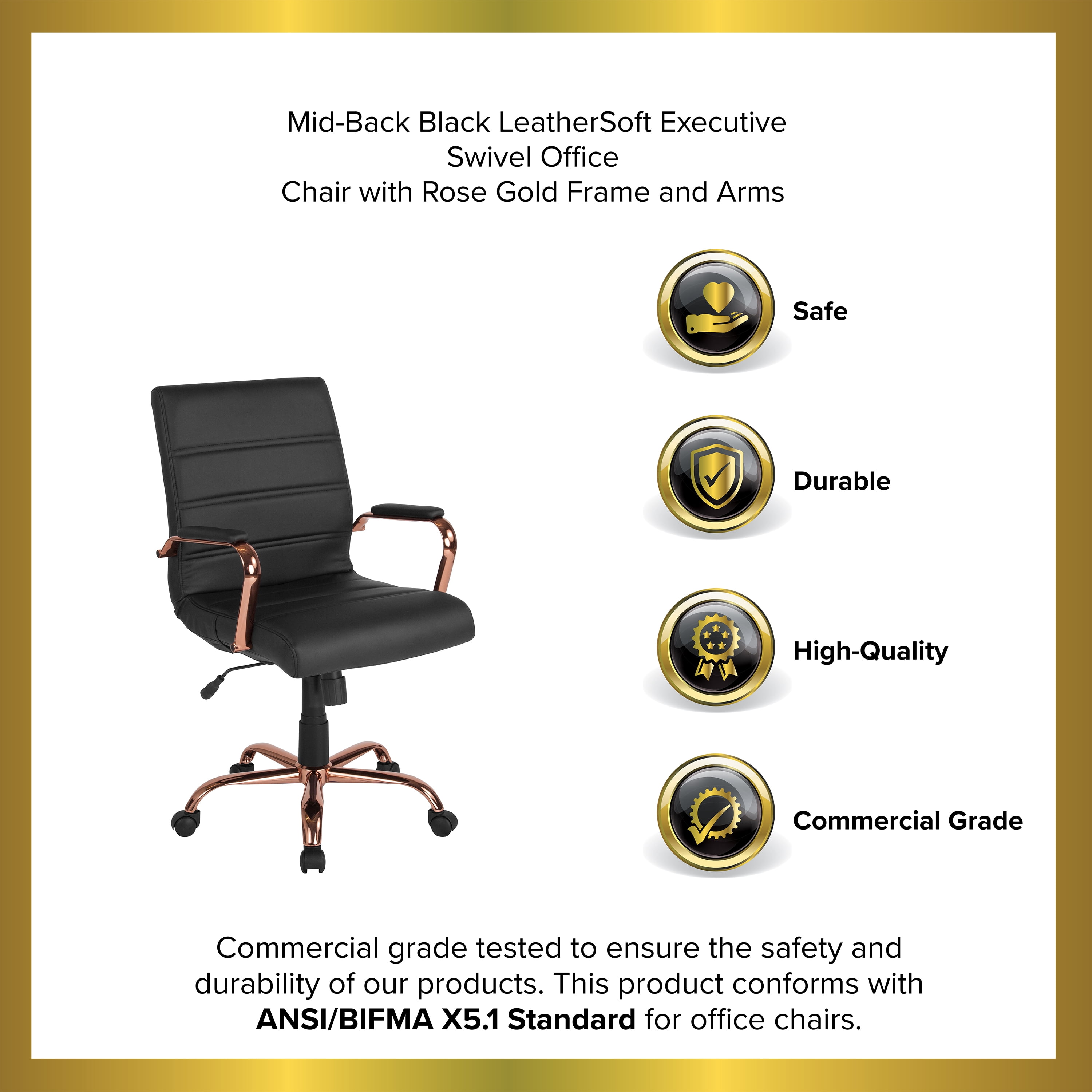 Merrick Lane Contemporary Mid-Back Black Faux Leather Home Office Chair with Padded Rose Gold Arms
