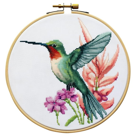 Hummingbird Round Shape Stamped Cross Stitch Kits for Beginners Easy with Hoop 11CT Needlepoint Embroidery DIY Counted Cross Stitch Kits Art Craft Wall Decor 35x35cm(2)