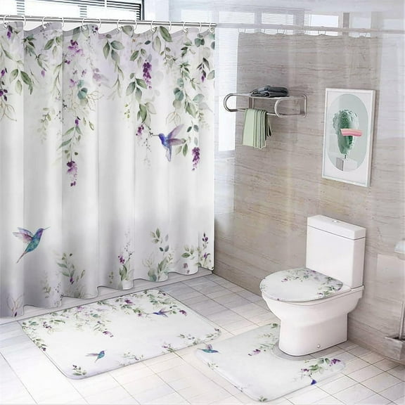 Rustic Eucalyptus 4 Pcs Shower Curtain Set Bathroom Set Watercolor Farmhouse Eucalyptus Leaves Floral Sunflower Shower Mat Shower Curtain with Rug 12 Hooks,72" W x 72" L