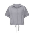 thumbnail image 3 of Short Sleeve Crop Tops for Women V Neck Loose Collared Button Down Shirt Summer Drawstring Blouse for Business Casual, 3 of 6