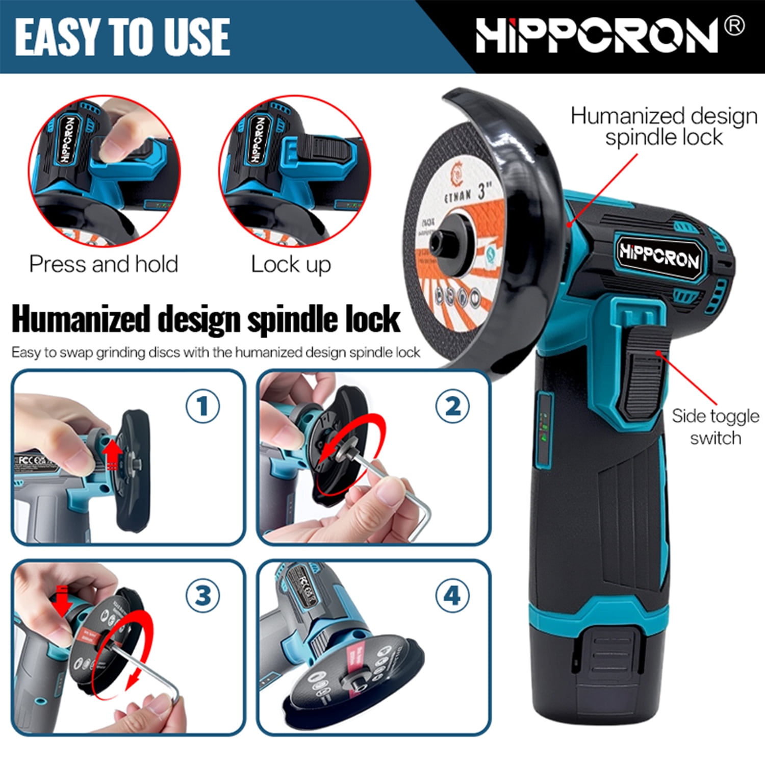 HIPPCRON 12V 3" Cordless Angle Grinder, 19500RPM, 2x Batteries, with Grinding Discs, Polishing Wheels and Wrench