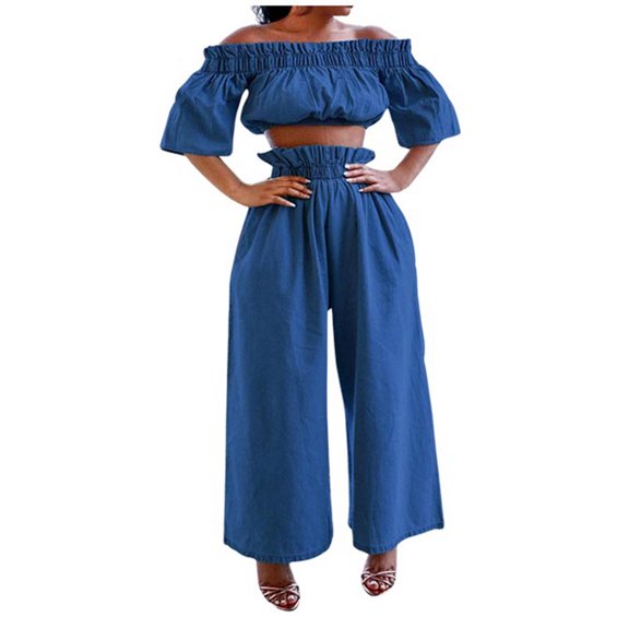 European Style Women's Denim Suit Off Shoulder Midriff Top Wide Leg Trousers Casual Outfit Summer Fashion Comfortable