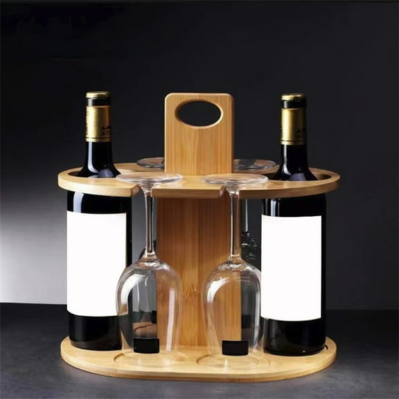 Hiroekza Wine Glass Hanging Drying Stand Organizer Countertop Tabletop Wine Rack - 2 Bottle Holders & 4 Glass Rack - Bamboo Material - Modern Home Decor Brown