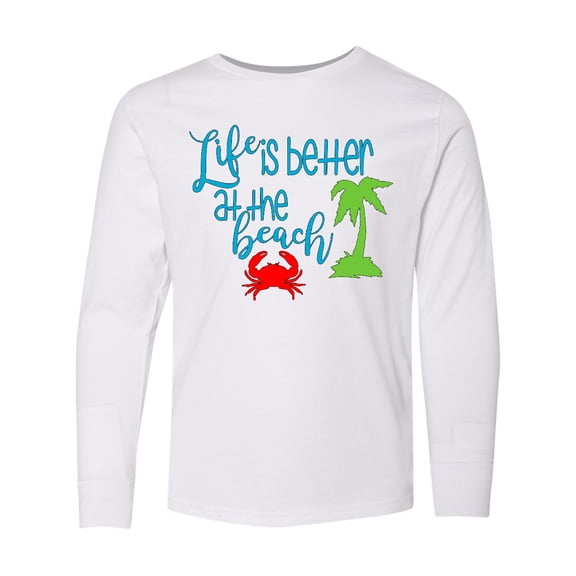 Inktastic Life is Better at the Beach Crab and Palm Tree Long Sleeve Youth T-Shirt