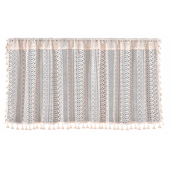Beige Boho Lace Valance Curtain, Rod Pocket, 59"W x 36"L, Semi‑Sheer Tassel 1 Panel for Kitchen Sink Window