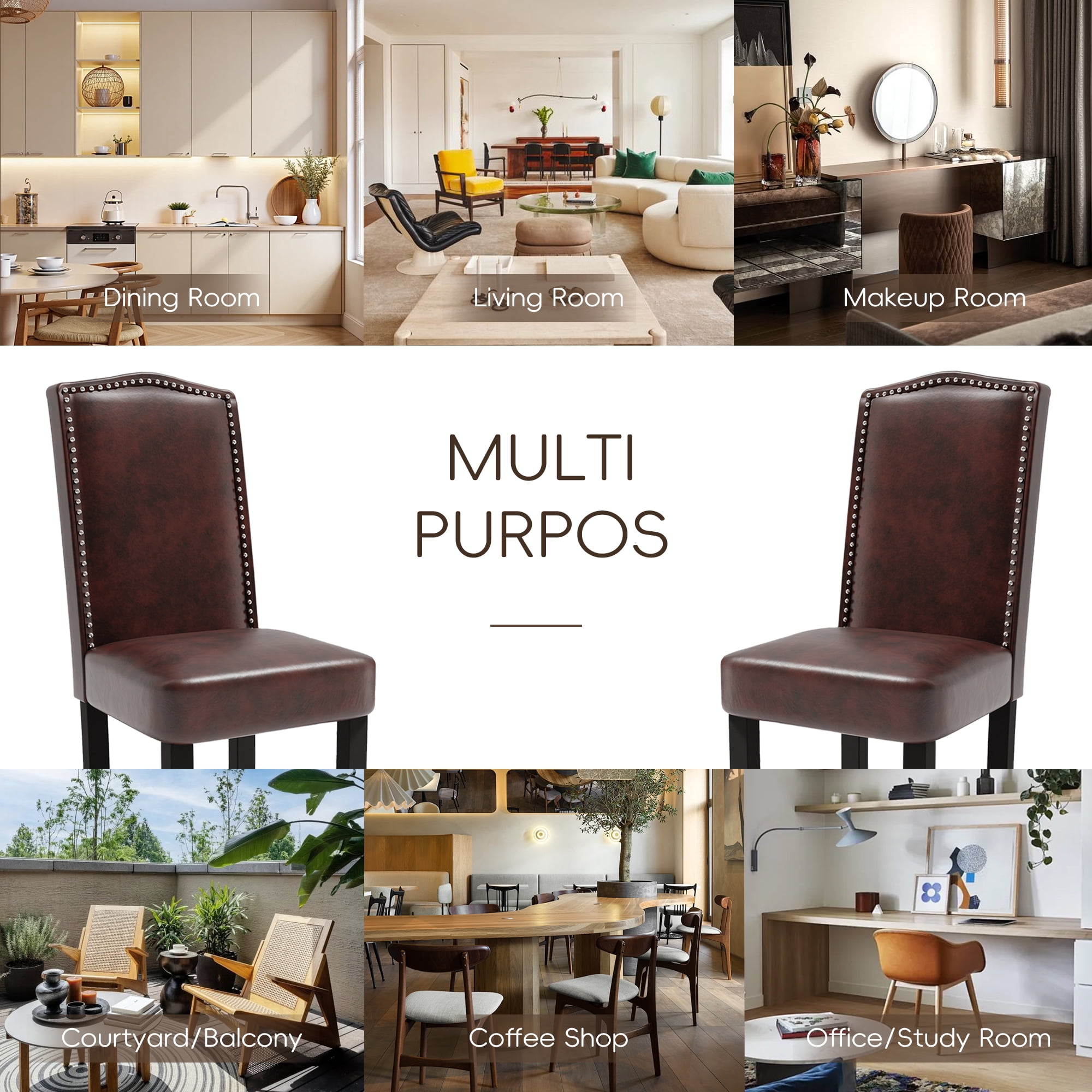 DONICK Mid Century Upholstered Dining Chairs,High-End Dorsal Side Chairs Nailhead Trim Wood Legs for Kitchen(PU,Brown,Set of 2)