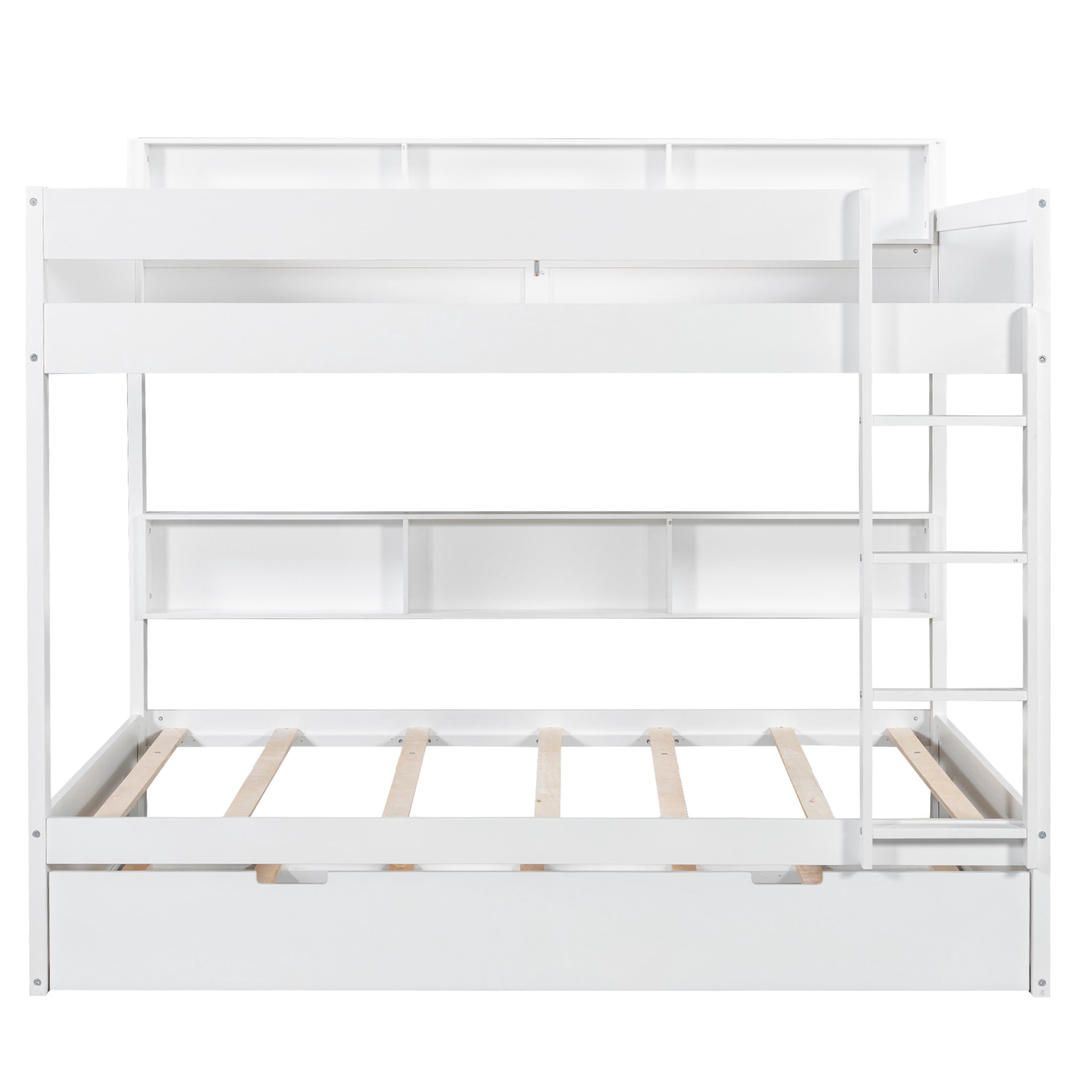 Noble House Erika Twin over Twin Bunk Bed with Pull-out Trundle and Integrated Storage Shelves, Antique White