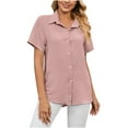 thumbnail image 5 of Odeerbi Button Down Shirts for Women Summer 2025 Casual Elegant Tops Fashion Short Sleeve Round Neck Easter Blouse Solid Color Loose T-Shirt Pink, 5 of 9