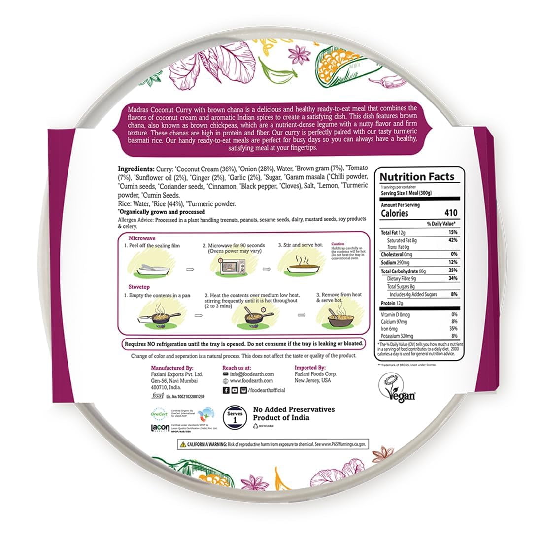 Food Earth Organic Madras Coconut Curry, Vegan, 6 Count, Shelf Stable