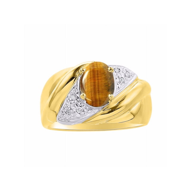 RYLOS Bagues pour Femmes Bague en Argent Plaquée Or 14K Pierre Précieuse Ovale 8X6MM et Diamants Design Classique Novembre Oeil de Tigre Bijoux pour Femmes Taille 9