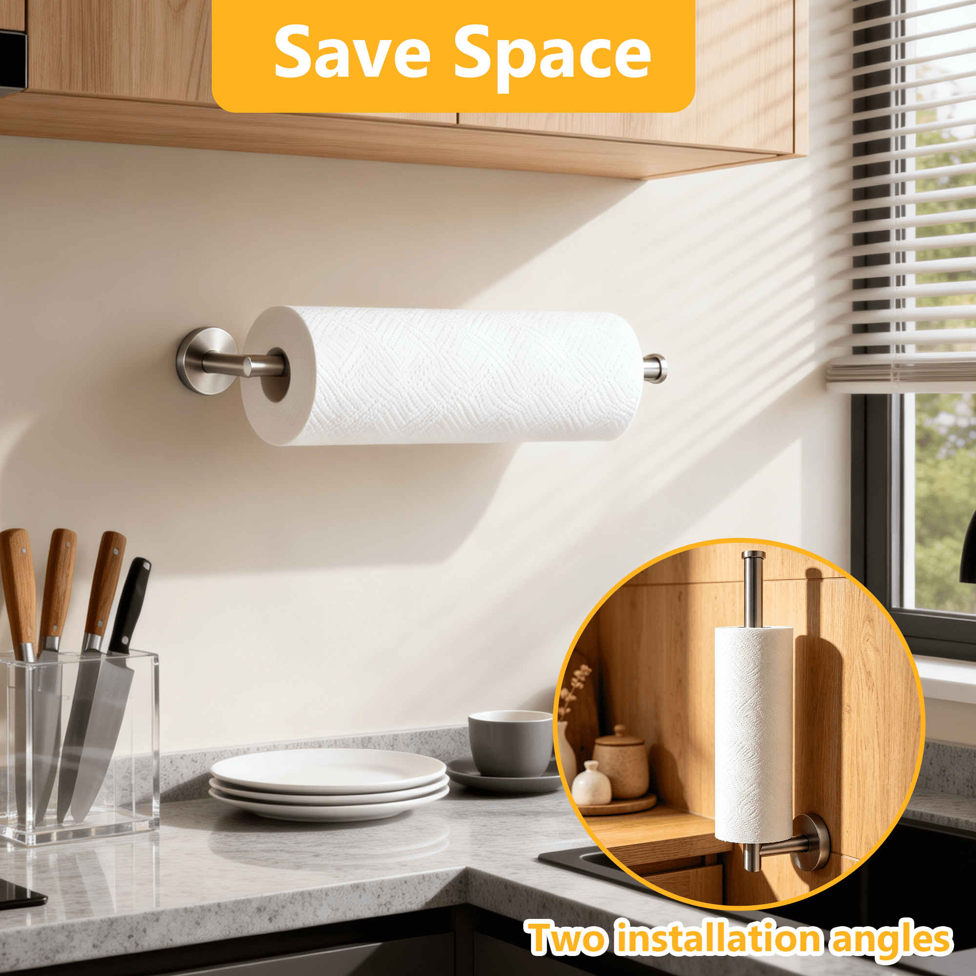 Wall Mount Paper Towel Holder, Stainless Steel Under Cabinet Paper Towel Rack, Multi-Purpose Wall Towel Bar for Kitchen Bathroom, Drilled Mount Paper Roll Holder