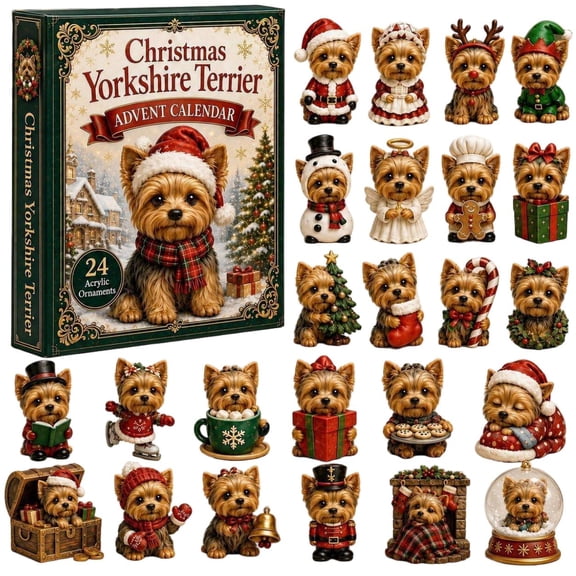 CQHVKQ Christmas Advent Calendar 2026, 24 Days Christmas Countdown Calendar of Puppy Surprise, Christmas Themed 2D Acrylic Yorkshire Terrier Ornaments Advent Calendar for Dog Lover Gifts, Xmas Tree