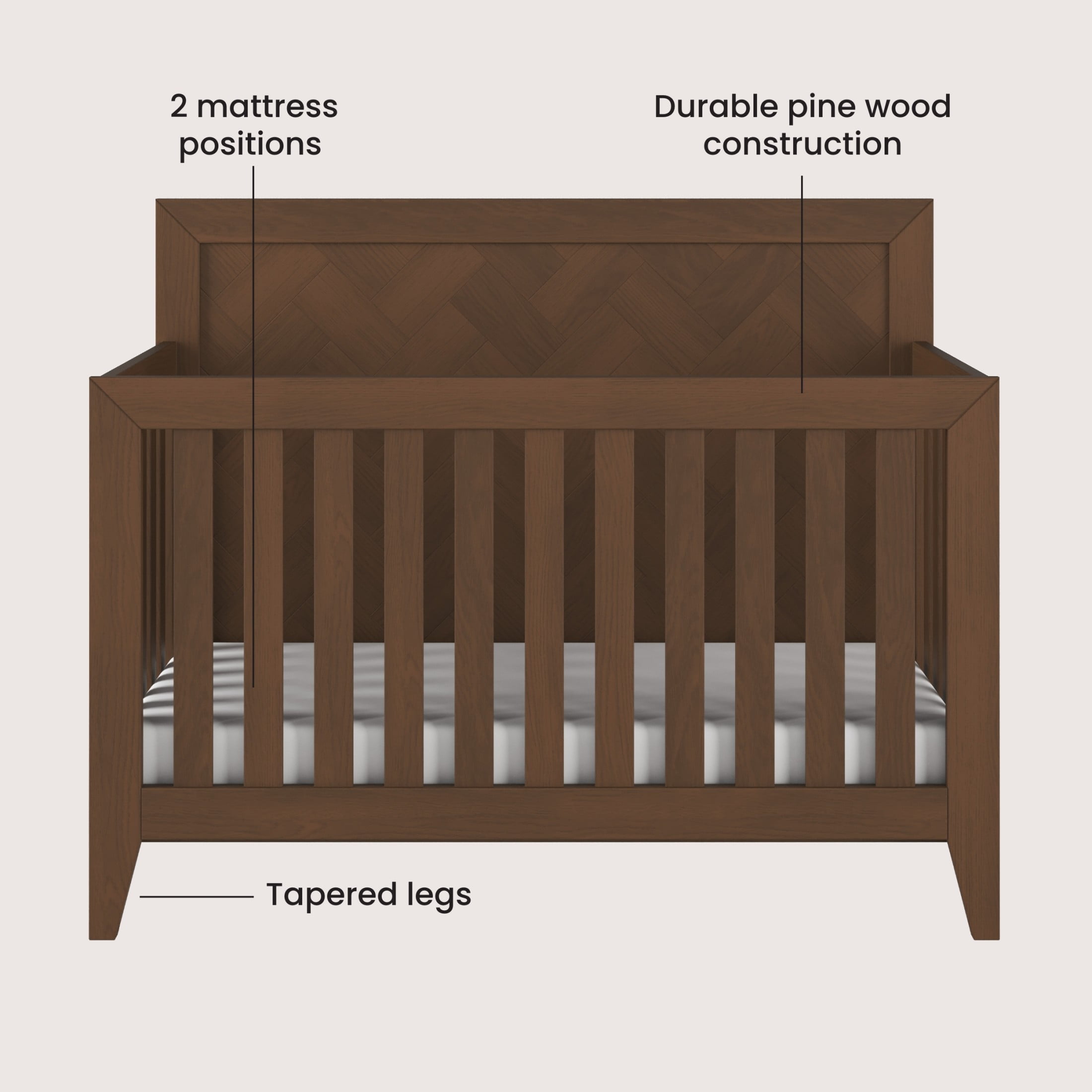 Child Craft Kieran 4-in-1 Convertible Crib, Herringbone Panel Design, 2 Mattress Heights, Toasted Chestnut