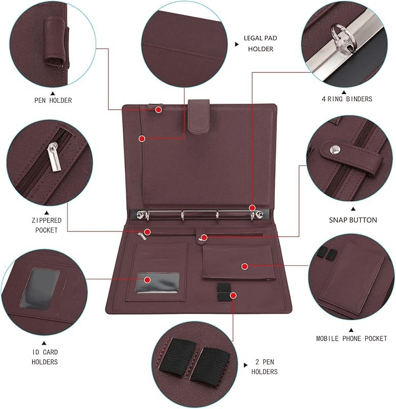 Wonderpool A4 PU Leather Ring Holder Writing Portfolio Multi Document Case with Removable Binder Clipboard and Functional Pocket for Organizer Office Travel School (Coffee)