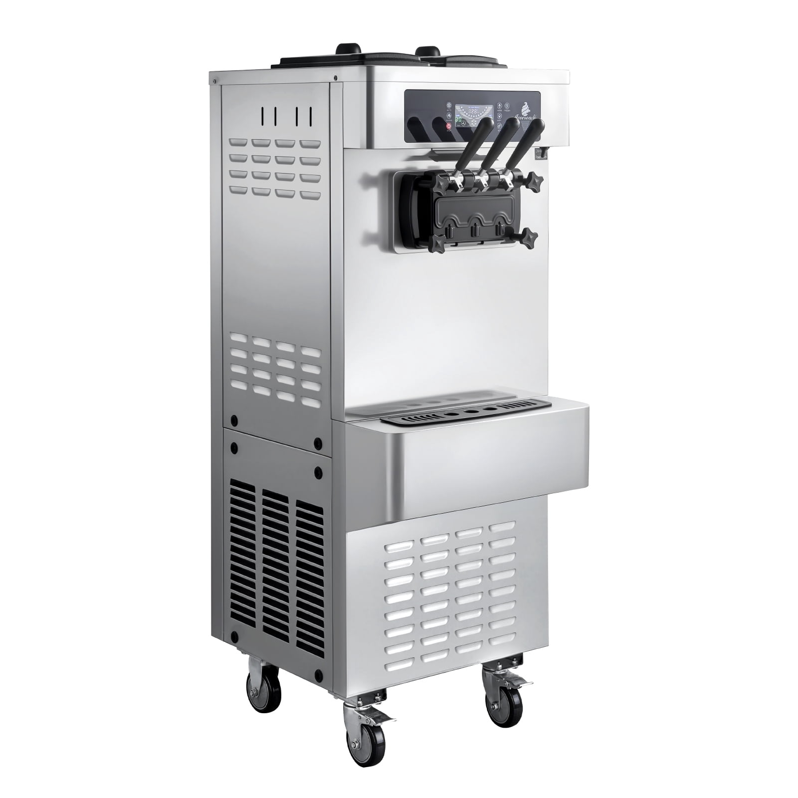 KFFKFF Commercial Soft Serve Ice Cream Machine, 20-28L/H Output, 2200W Freestanding Maker with 3 Flavors, Dual 6L Hoppers, Built-In Puffing Pump, Pre-Cooling System